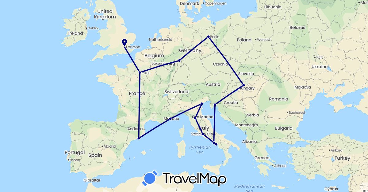 TravelMap itinerary: driving in Germany, Spain, France, United Kingdom, Croatia, Hungary, Italy (Europe)